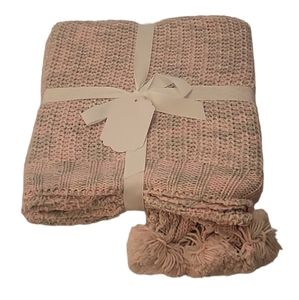 Knit Throw with Dec. Fringe 50" x 60".  Pink & light gray with silver threads.